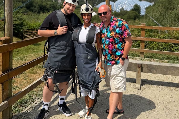 Celebrity Katie Price prepares to take on the Hangloose zip-line at Eden Project alongside Lewis Nicholls and Shane Solomon