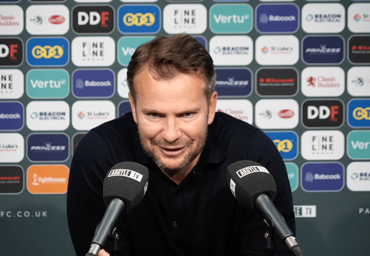 Plymouth Argyle boss Tom Cleverley addresses the media at Home Park