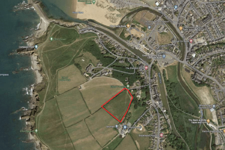 Aerial view of Efford Down Campsite's location, marked in red (Picture: Cornwall Council)