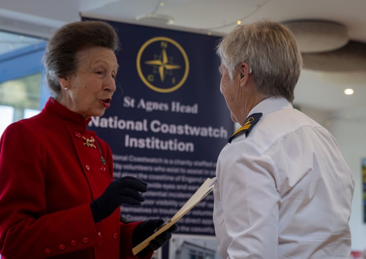 HRH Princess Anne meets with staff and volunteers at the National Coastwatch Institution lookout at St Agnes Head