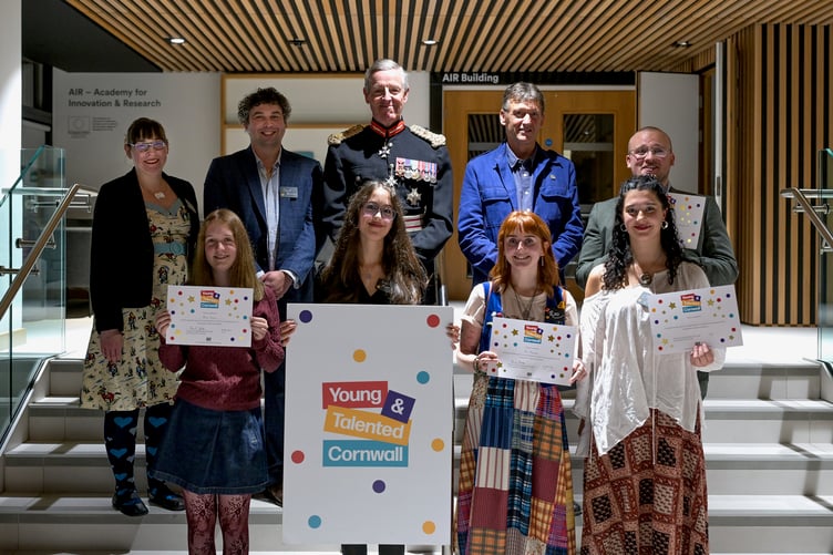 Dr Jennifer Young, Dr David Devanny, Lord Lieutenant, Philp Marsden, Alana Menmuir, Keira Money, Roo Hargreaves and Olive Mills at the Young & Talented Cornwall creative writing awards presentation